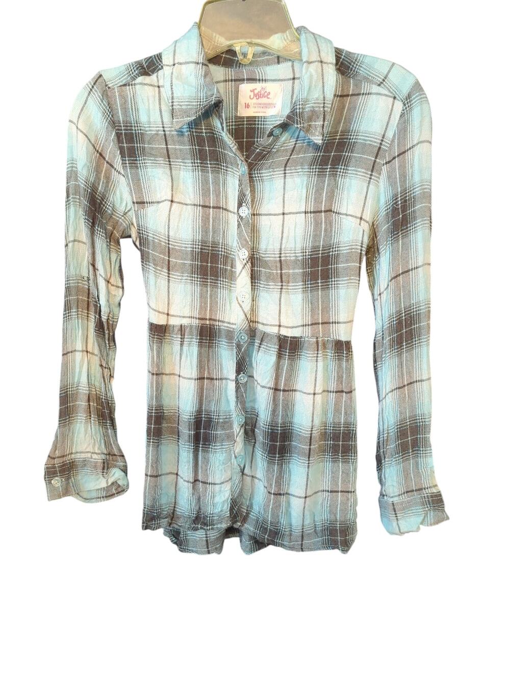 JUSTICE Teal White Plaid Tie Back Long Sleeve Flannel Girls Size 16 FLAW